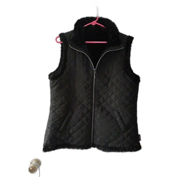 Denim & Co Vest L Reversible Zip Front Textured Faux Fur Quilted Winter Fall - Picture 1 of 9